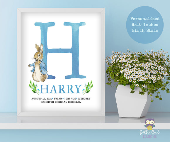 Peter Rabbit Themed Personalized Initial and Name 8x10 Inches Birth Stats Sign