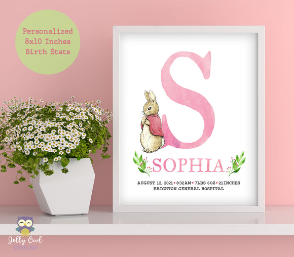 Peter Rabbit - Flopsy Bunny Personalized Initial and Name 8x10 Inches Birth Stats Sign
