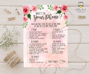 Floral Watercolor Themed Bridal Shower Game What's In Your Phone?
