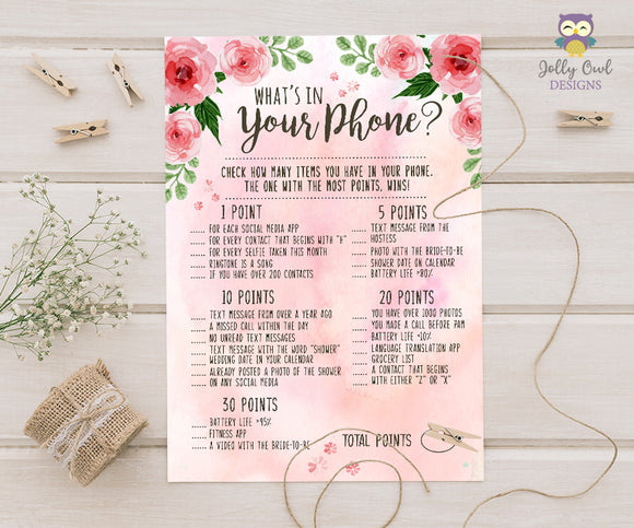 Floral Watercolor Themed Bridal Shower Game What's In Your Phone?