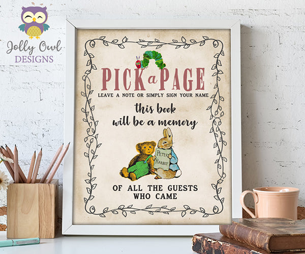 Book Themed Baby Shower Party Sign Pick A Page Guestbook Sign