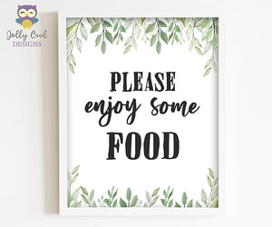 Botanical Greenery Baby Shower Party Sign - Please Enjoy Some Food