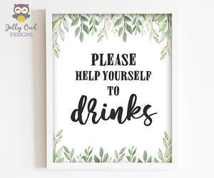 Botanical Greenery Baby Shower Party Sign - Please Help Yourself to Drinks