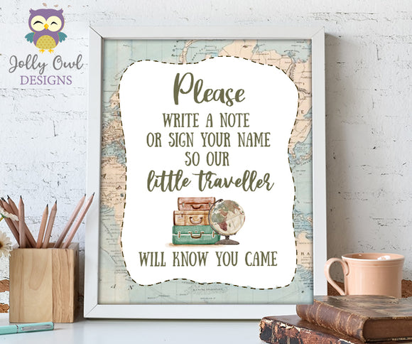 Guest Book Sign Table Sign - Printable Signage for Vintage Travel Theme Baby Shower