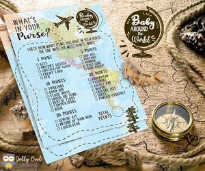 Baby Around The World Baby Shower Game Card - What's In Your Purse?