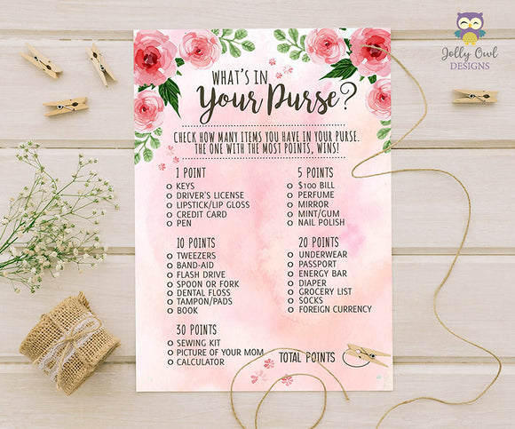 Floral Watercolor Themed Bridal Shower Game What's In Your Purse? – Jolly  Owl Designs