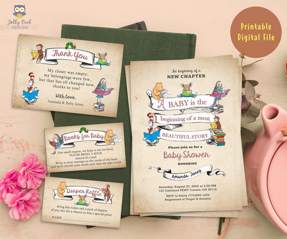 Storybook Baby Shower Invitation Bundle with Thank You Card, Book Request and Diaper Raffle Insert