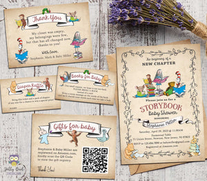 Storybook Baby Shower Invitation Bundle with Shower Registry Card, Book Request, Diaper Raffle Insert and Thank You Card