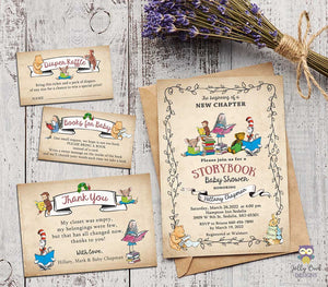 Storybook Baby Shower Invitation with Book Request,Diaper Raffle and Thank  You Card – Jolly Owl Designs