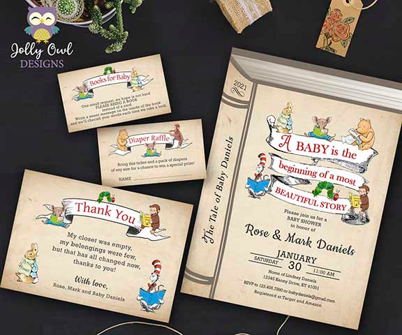 Storybook Baby Shower Invitation Bundle with Book Request, Diaper Raffle Insert and Thank You Card