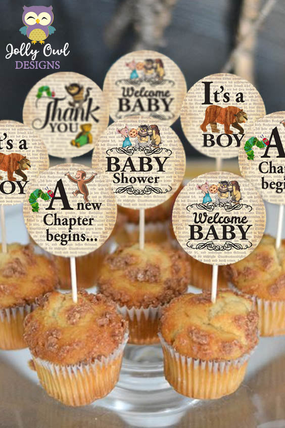Storybook Book Themed Baby Shower Cupcake Topper For Baby Boy and Girl