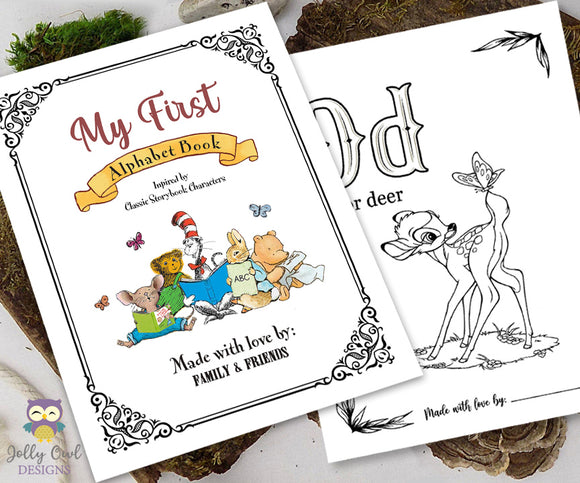Baby's First ABC Alphabet Coloring Book Pages | Storybook Book Themed | 8.5x11 inches | Downloadable Digital PDF File