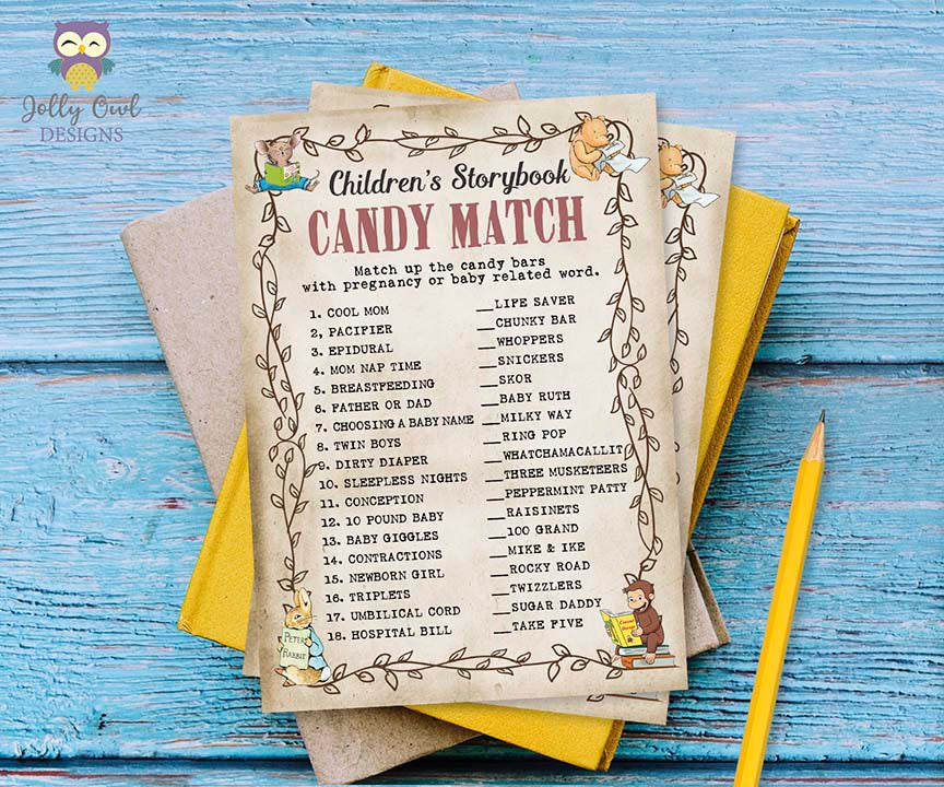 book-themed-baby-shower-game-candy-match-jolly-owl-designs for Free Printable Candy Bar Game Book Themed Baby Shower Game - Candy Match – Jolly Owl Designs for Free Printable Candy Bar Game