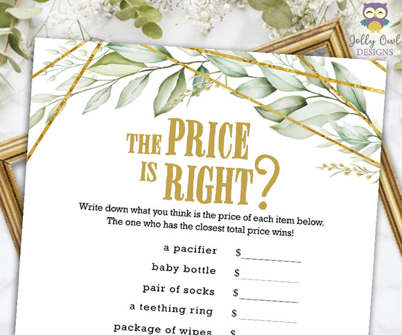 Gold Geometric Botanical Greenery Baby Shower Game - The Price Is Right