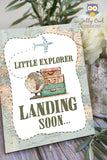 Little Explorer Landing Soon Table Sign - Printable Signage for Vintage Travel Theme Baby Shower