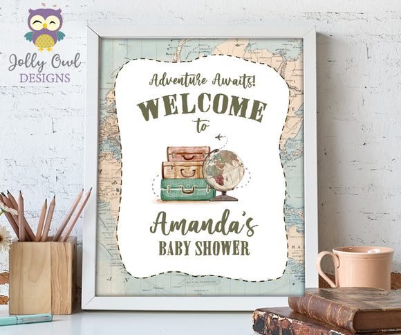 Personalized Printable Welcome Sign for Vintage Travel Themed Baby Shower - Adventure Awaits Theme, Precious Cargo Theme
