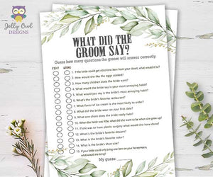 Botanical Greenery Bridal Shower Game - What Did The Groom Say About His Bride?
