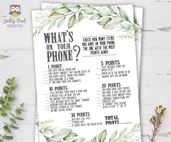 Botanical Greenery Bridal Shower Game - What's In Your Phone?
