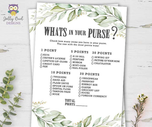 Botanical Greenery Bridal Shower Game - What's In Your Purse
