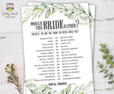 Botanical Greenery Bridal Shower Game - Would the bride rather?