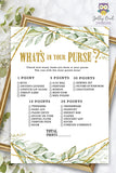 Gold Geometric Botanical Greenery Baby Shower Game - What's In Your Purse