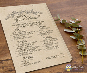 Rustic Themed Bridal Shower Game What's In Your Phone?