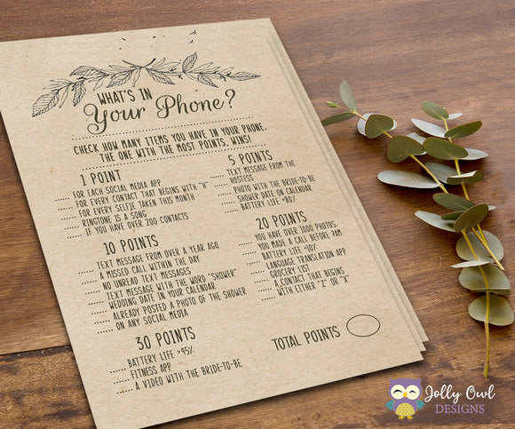 Rustic Themed Bridal Shower Game What's In Your Phone?