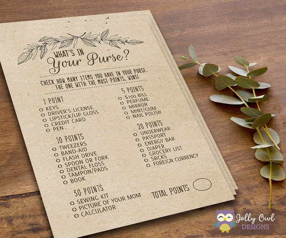 Rustic Themed Bridal Shower Game What's In Your Purse?