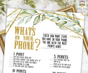 Gold Geometric Botanical Greenery Baby Shower Game - What's In Your Phone