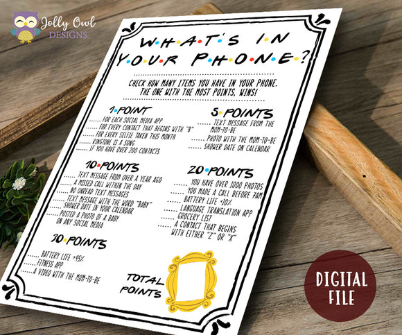 Friends TV Show Baby Shower Game- What's On Your Phone