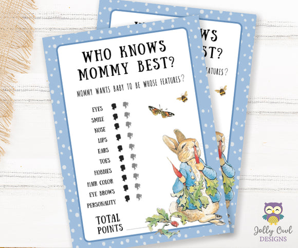 Peter Rabbit Themed Baby Shower Game Card Who Knows Mommy Best?