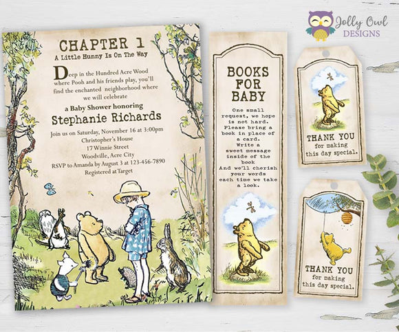 Winnie The Pooh Baby Shower Invitation with Book request and Thank You Tag