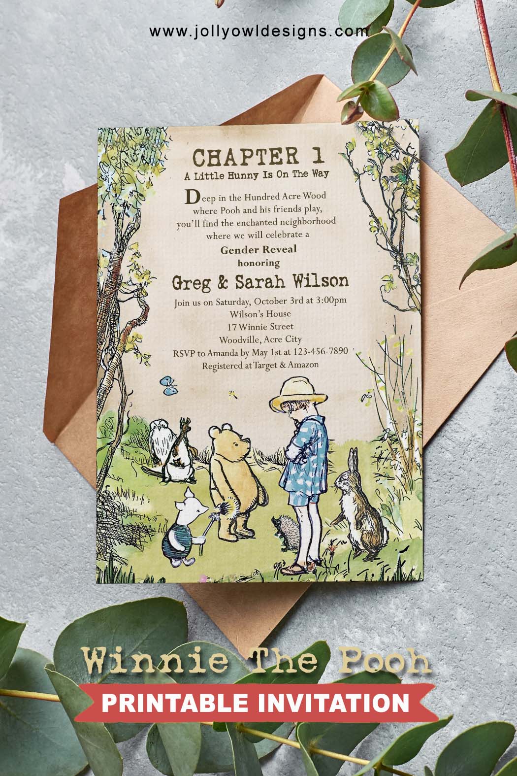 Winnie The Pooh Baby Shower Party Invitation-Personalized