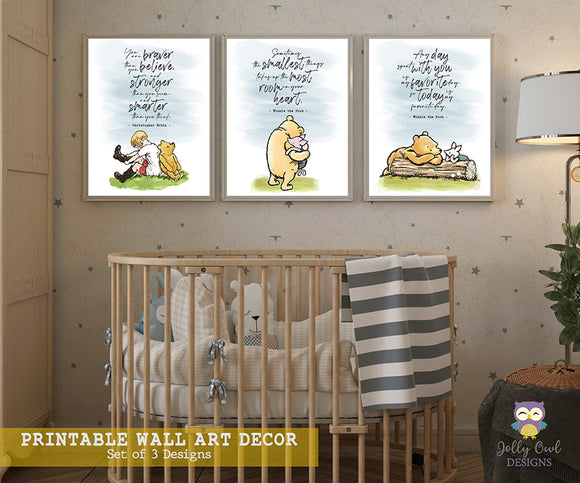 Classic Winnie The Pooh Inspirational Quote - Printable Wall Art Decor for Nursery Room - Set of 3