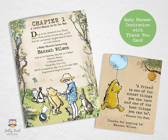 Winnie The Pooh Baby Shower Invitation with Thank You Card