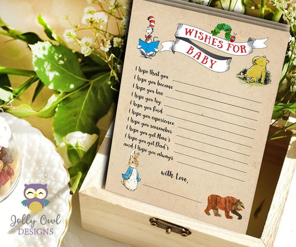 Book Themed Baby Shower Game Card Wishes for the Baby