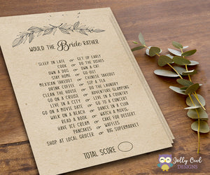 Rustic Themed Bridal Shower Game - The Bride Rather, Would She Rather