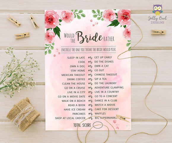 Floral Watercolor Themed Bridal Shower Game - The Bride Rather, Would She Rather