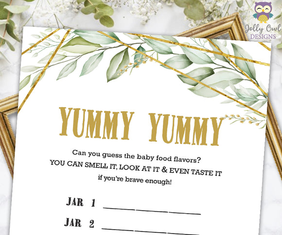 Gold Geometric Botanical Greenery Baby Shower Game - Guess the Yummy Baby Food in Jar